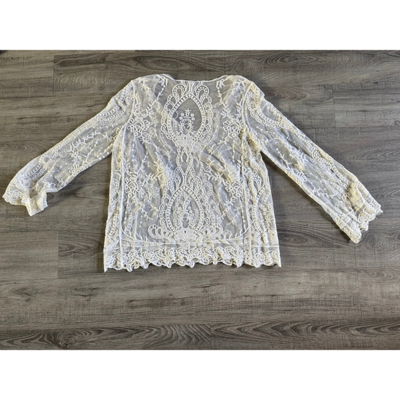 American Rag Lace Boho Blouse Cream Sheer Tassel Bell Sleeve Size S NWOT - Picture 3 of 5
